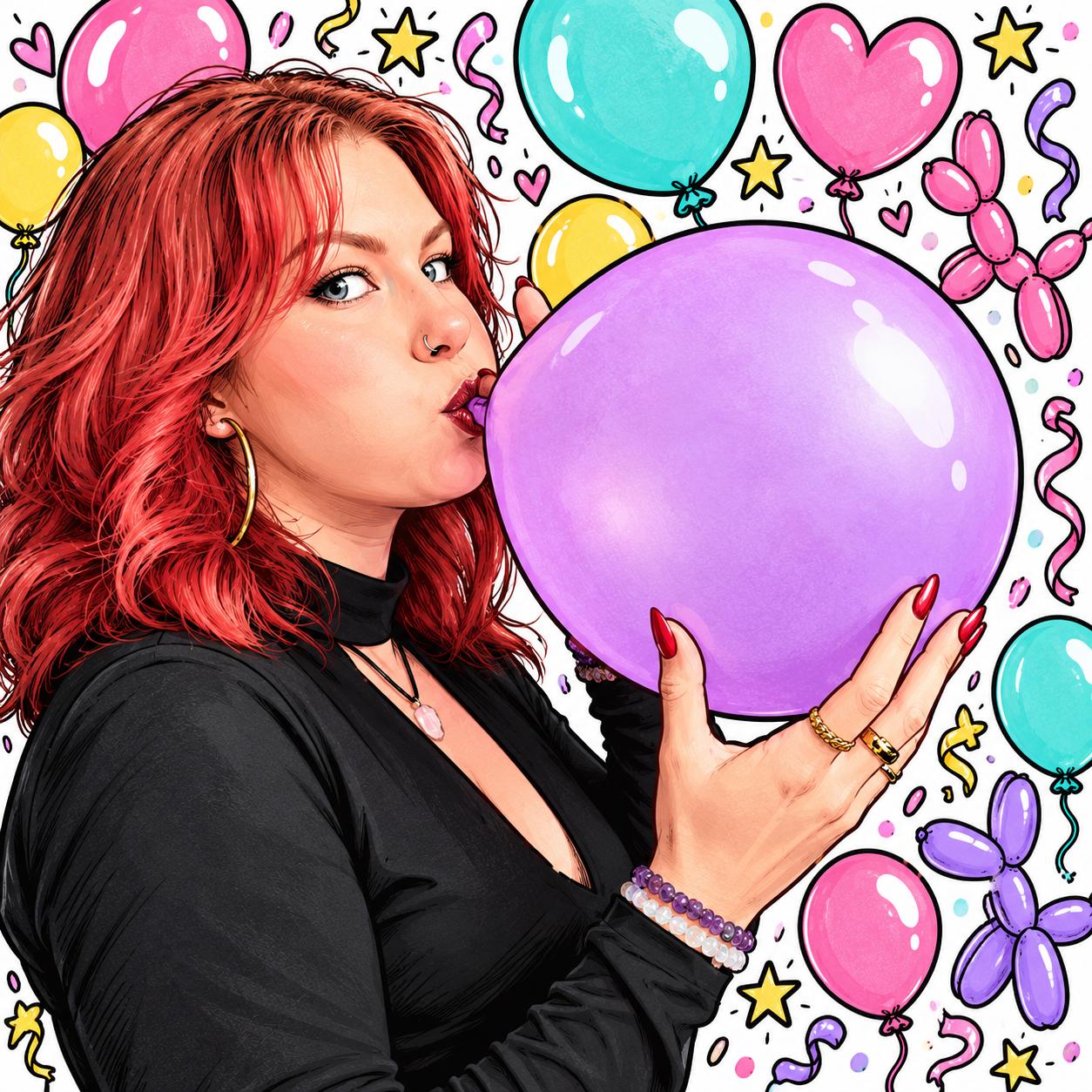 Limaloons with her lavender balloon, illustrated in colourful doodle style